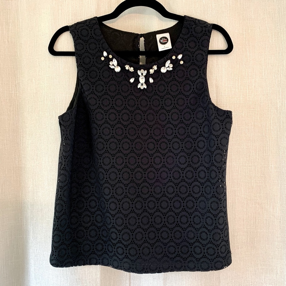 Disney brand black blouse with jeweled neckline and keyhole back.